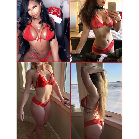 Women's Carmine Red Lingerie Lace Baby Doll Two Pieces Sexy Bra And Panty Sets - Picture 2 of 6